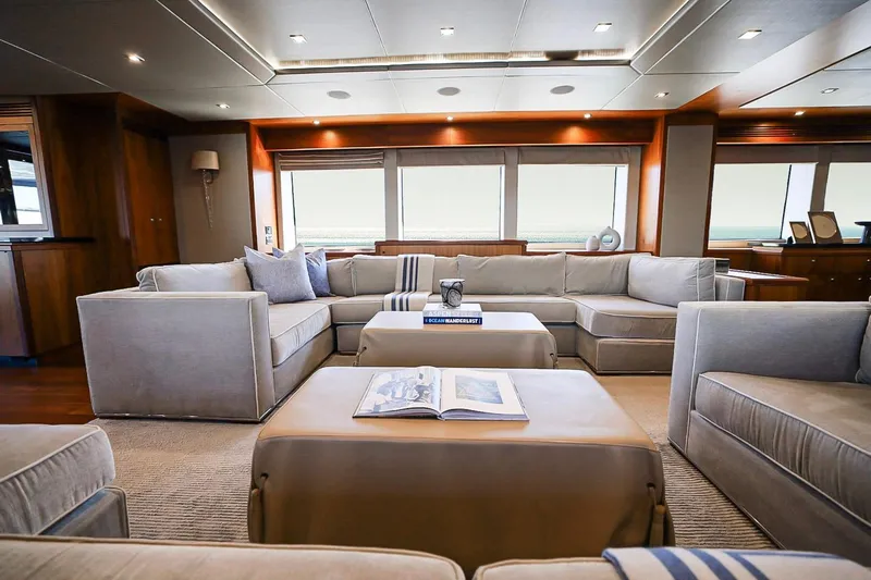 Marin Yacht Photos Pics Luxurious interior of 2014 Sunseeker 131 yacht with elegant seating and decor.