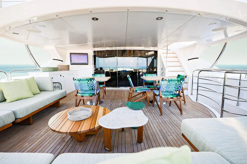 Marin Yacht Photos Pics Luxurious Sunseeker 131 yacht deck with modern seating, 2014 model.