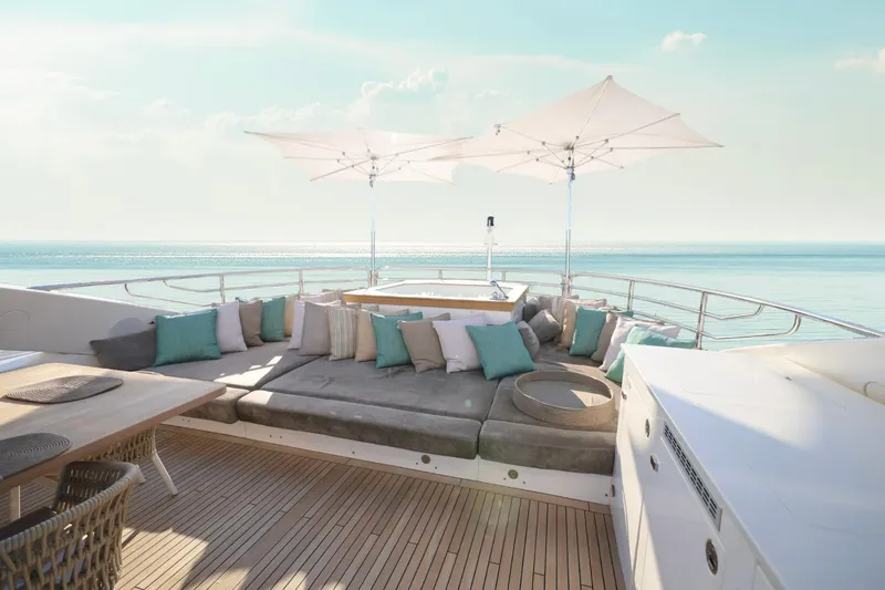 Marin Yacht Photos Pics Luxurious Sunseeker 131 yacht deck with plush seating and ocean view, 2014 model.