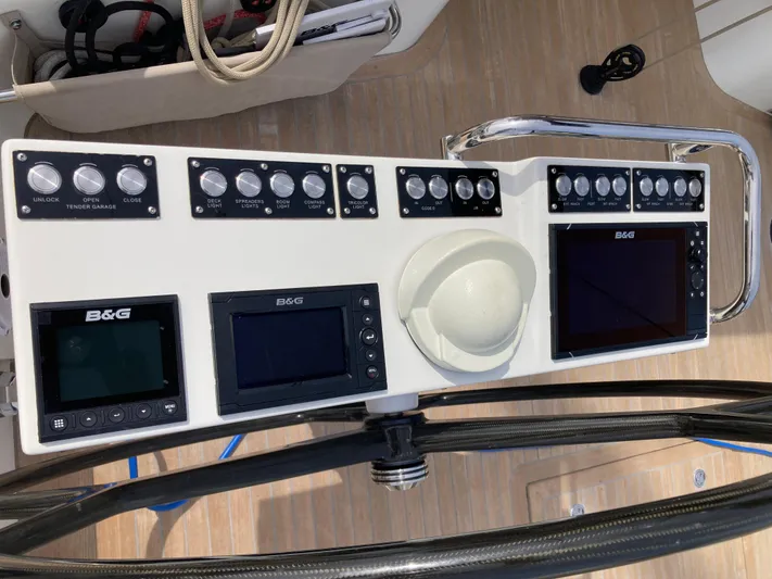  Yacht Photos Pics Control panel of a 2022 Solaris 55 yacht with B&G navigation displays.