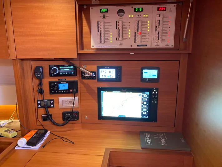  Yacht Photos Pics Control panel of a 2022 Solaris 55 yacht with navigation and communication equipment.