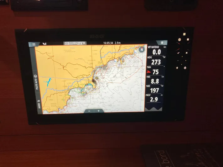  Yacht Photos Pics Navigation display on a 2022 Solaris 55 yacht, showing map and sailing data.