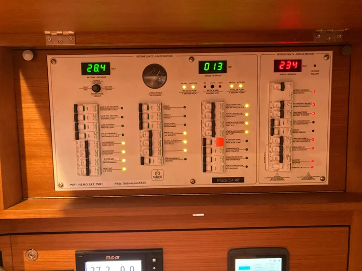  Yacht Photos Pics Electrical control panel on a 2022 Solaris 55 yacht, displaying voltage and circuit breakers.