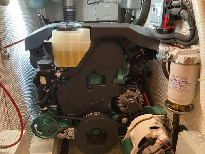  Yacht Photos Pics Engine compartment of a 2022 Solaris 55 yacht, showcasing detailed mechanical components.