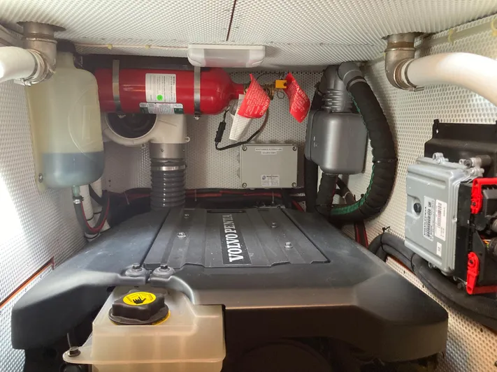  Yacht Photos Pics Engine compartment of a 2022 Solaris 55 yacht with Volvo Penta engine and safety equipment.