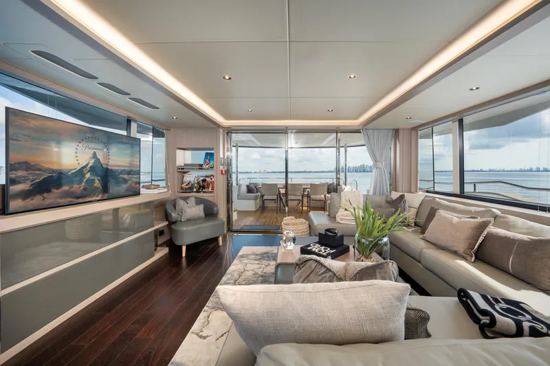 Eos Yacht Photos Pics Luxurious interior of 2021 Sunseeker 95 Yacht with modern decor and panoramic ocean views.