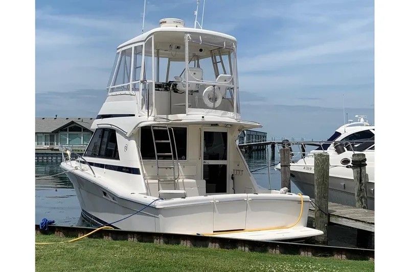  Yacht Photos Pics 2002 Riviera 34 Convertible yacht docked at marina under clear blue sky.