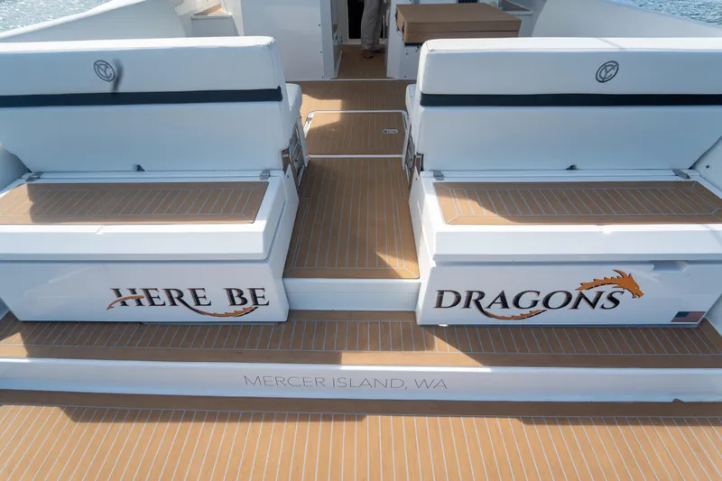  Yacht Photos Pics 2018 Cruisers Yachts 390 Express Coupe with "Here Be Dragons" text, Mercer Island, WA.