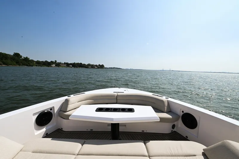 Take It Easy V Yacht Photos Pics Luxury Vanquish VQ58 yacht interior, 2022 model, with scenic ocean view.