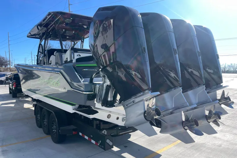  Yacht Photos Pics 2026 Nor- 390 Sport boat with four powerful outboard engines on a trailer.