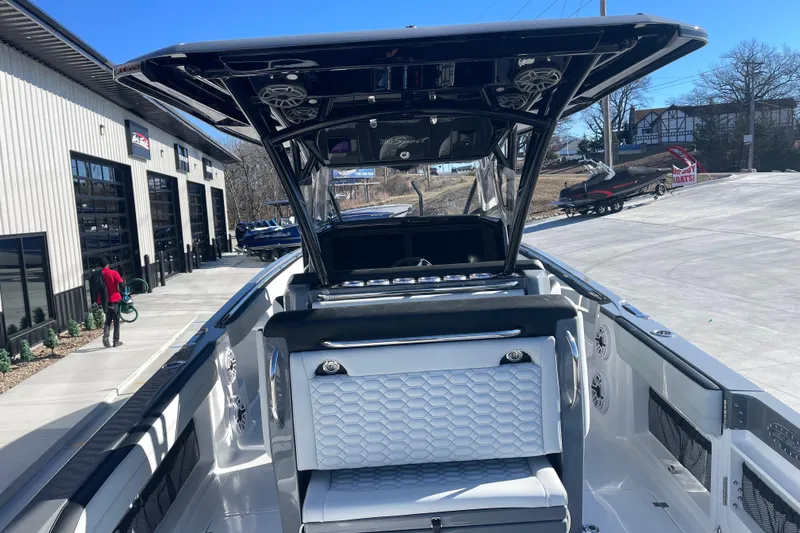  Yacht Photos Pics 2026 Nor- 390 Sport boat interior with modern seating and sleek design.