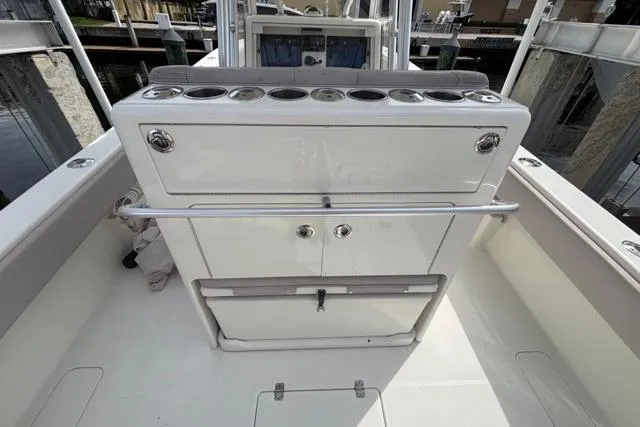  Yacht Photos Pics 2016 SeaVee 34 boat interior with storage compartments and rod holders.