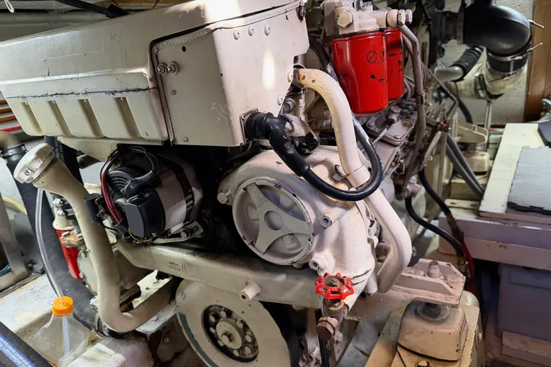  Yacht Photos Pics Engine of a 1988 Ocean Alexander 42' yacht, showcasing mechanical components.