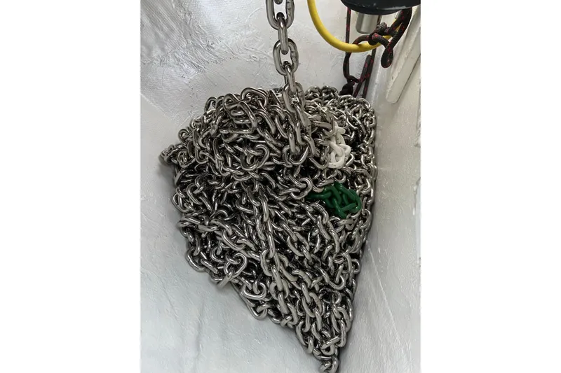  Yacht Photos Pics Tangled metal chains in a 2006 Aicon 56 yacht compartment.