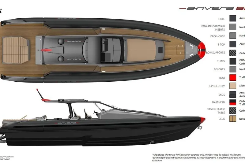  Yacht Photos Pics Anvera 58 (2026) luxury boat design with detailed top and side views, featuring sleek black and wood finishes.