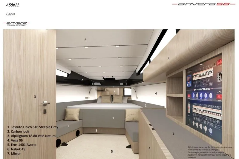  Yacht Photos Pics Luxurious Anvera 58 cabin interior with modern design, featuring advanced control panel and elegant furnishings.