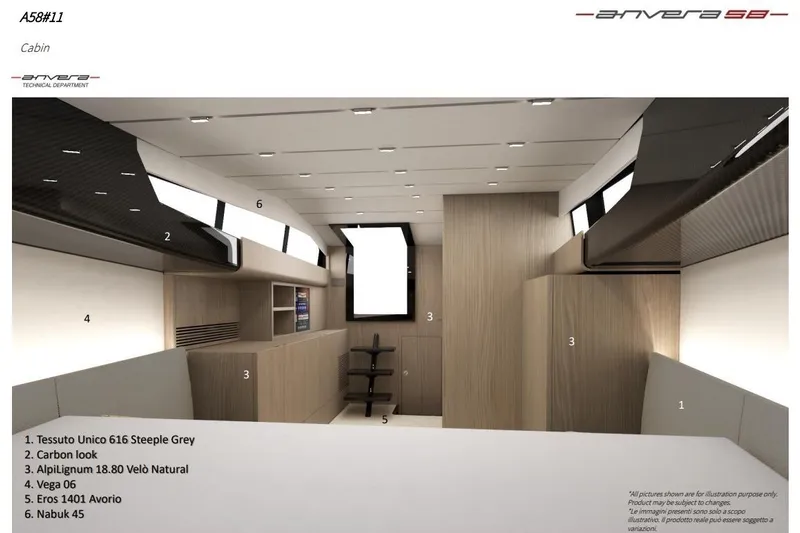  Yacht Photos Pics Anvera 58 cabin interior, featuring modern design elements and premium materials, 2026 model.
