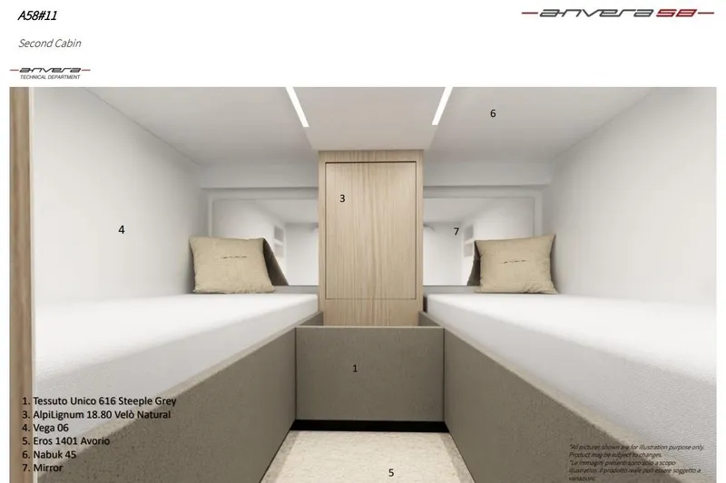  Yacht Photos Pics Second cabin interior of 2026 Anvera 58 yacht, featuring modern design and neutral tones.