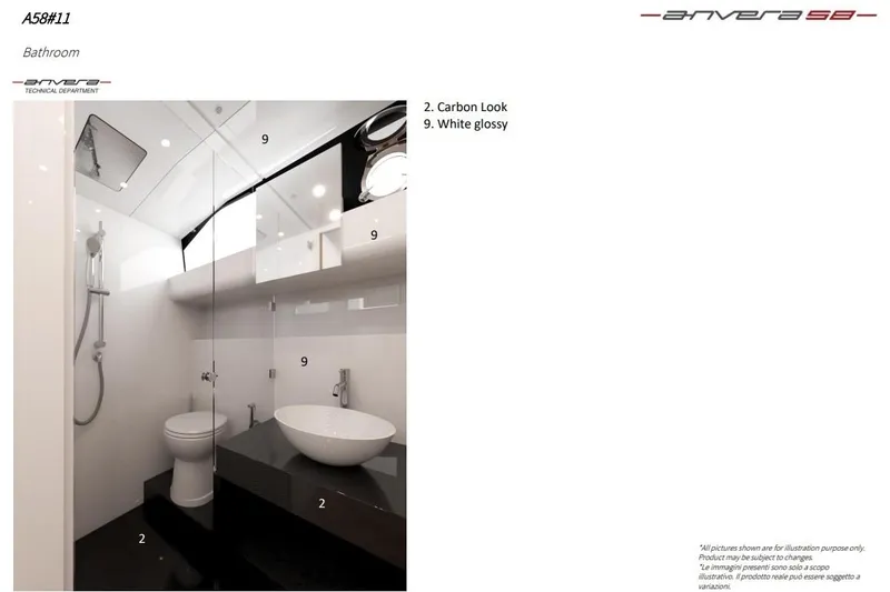  Yacht Photos Pics Modern Anvera 58 yacht bathroom with sleek carbon look and glossy white finishes, 2026 model.