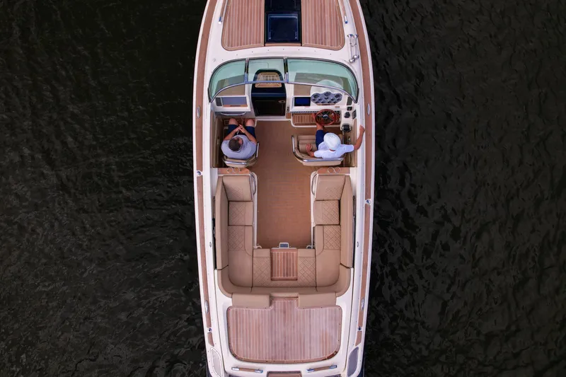  Yacht Photos Pics 2017 Chris-Craft Corsair 28 Heritage Edition boat, aerial view on water.