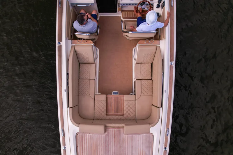  Yacht Photos Pics Overhead view of 2017 Chris-Craft Corsair 28 Heritage Edition boat interior on water.