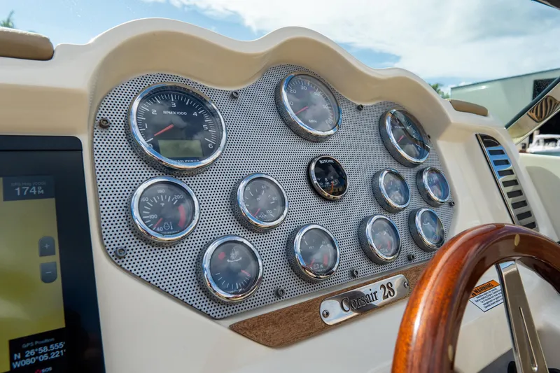  Yacht Photos Pics Dashboard of 2017 Chris-Craft Corsair 28 Heritage Edition boat with gauges and controls.