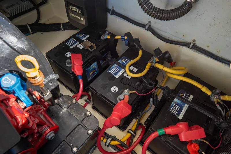  Yacht Photos Pics Engine compartment of 2017 Chris-Craft Corsair 28 Heritage Edition with batteries and wiring.