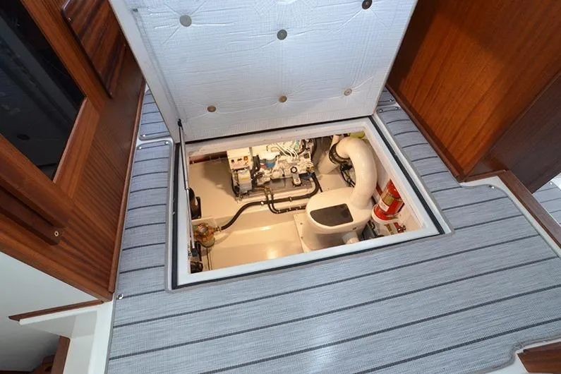 San Juan Explorer Yacht Photos Pics Engine compartment of 2020 American Tug 362, featuring clean layout and accessible components.