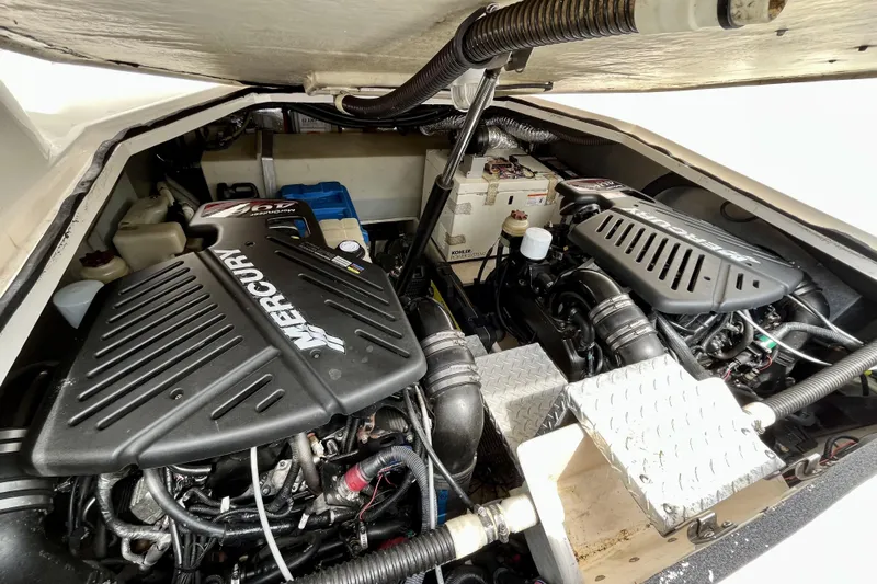  Yacht Photos Pics Engine compartment of 2005 Regal Commodore 3560 with dual Mercury engines.