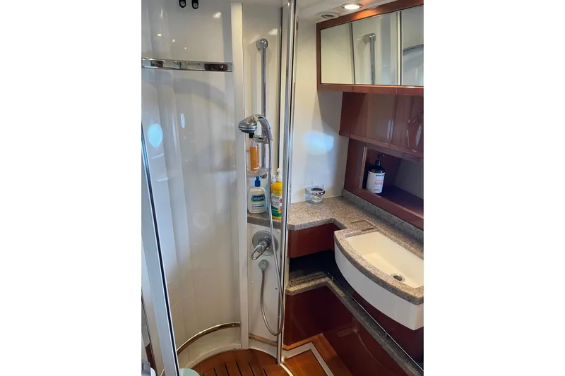  Yacht Photos Pics Luxurious bathroom in 2008 Princess V53 yacht with modern shower and sink.