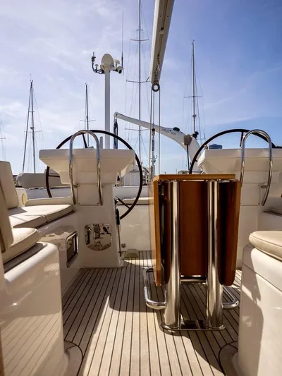 Gulliver Yacht Photos Pics Luxury Najad 570 yacht cockpit, 2009 model, featuring dual steering wheels and elegant wood accents.