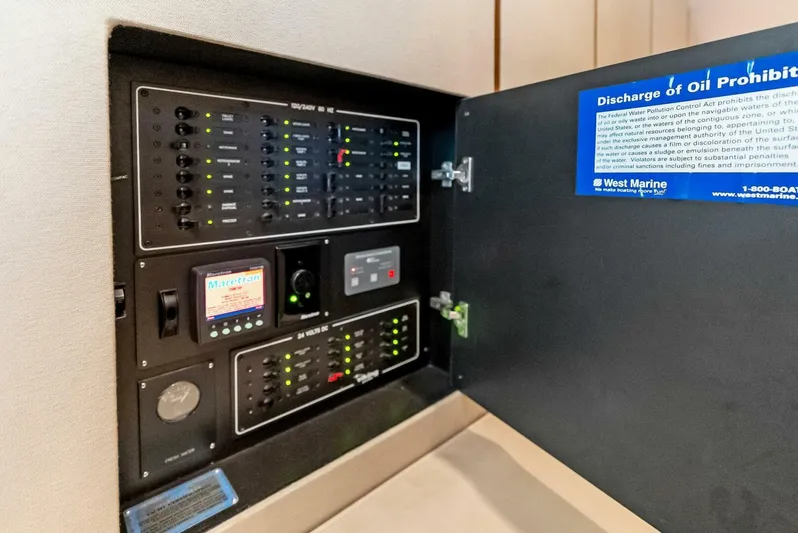 True Grit Yacht Photos Pics Electrical control panel inside a 2006 Viking 56 Convertible yacht.