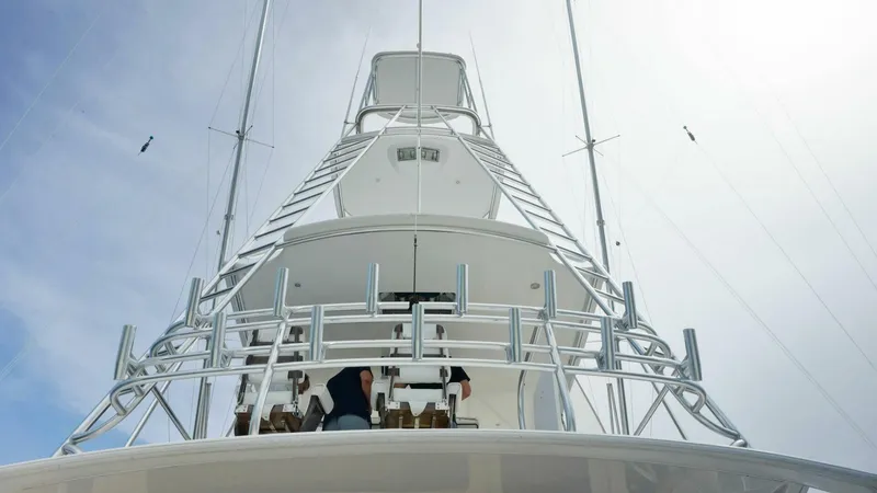True Grit Yacht Photos Pics Viking 56 Convertible yacht tower, 2006 model, viewed from below against a clear sky.