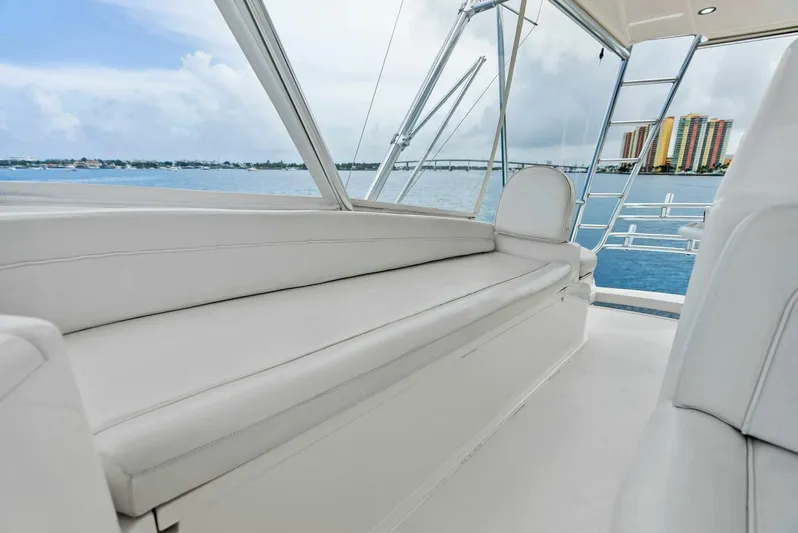 True Grit Yacht Photos Pics Luxurious seating on 2006 Viking 56 Convertible yacht with ocean view.