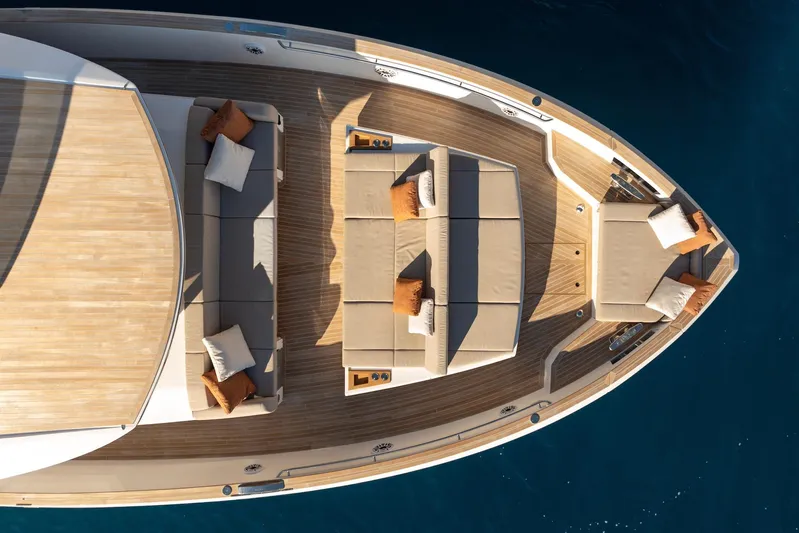  Yacht Photos Pics Luxurious 2026 Pardo Yachts E72 deck with elegant seating and cushions.