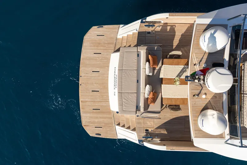  Yacht Photos Pics Aerial view of 2026 Pardo Yachts E72 luxury yacht deck on blue ocean.