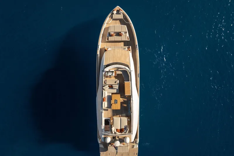  Yacht Photos Pics Top view of 2026 Pardo Yachts E72 luxury yacht on blue ocean water.