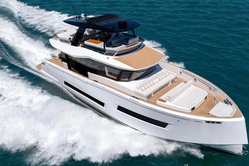  Yacht Photos Pics Luxurious 2026 Pardo Yachts E72 cruising on open sea, showcasing sleek design and spacious deck.