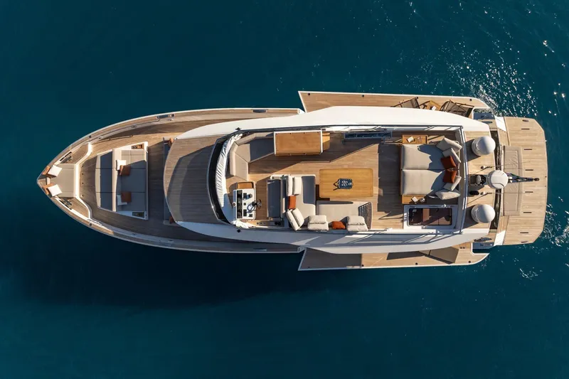  Yacht Photos Pics Top view of 2026 Pardo Yachts E72 luxury yacht on blue water.