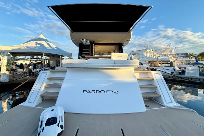  Yacht Photos Pics Luxury Pardo Yachts E72, 2026 model, docked at marina under clear blue sky.