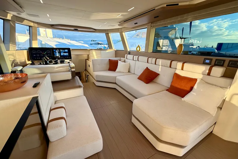  Yacht Photos Pics Luxurious interior of 2026 Pardo Yachts E72 with modern seating and panoramic windows.