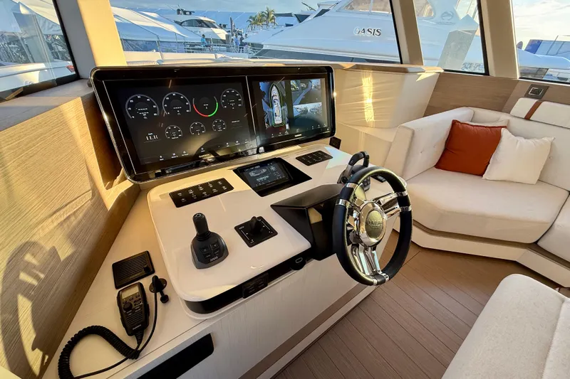  Yacht Photos Pics Luxurious helm of 2026 Pardo Yachts E72 with modern controls and plush seating.