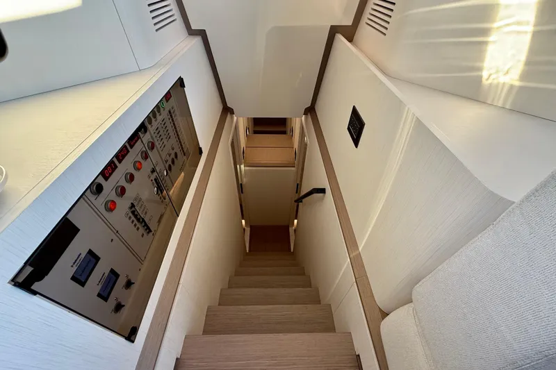  Yacht Photos Pics Staircase inside 2026 Pardo Yachts E72, featuring modern design and control panel.