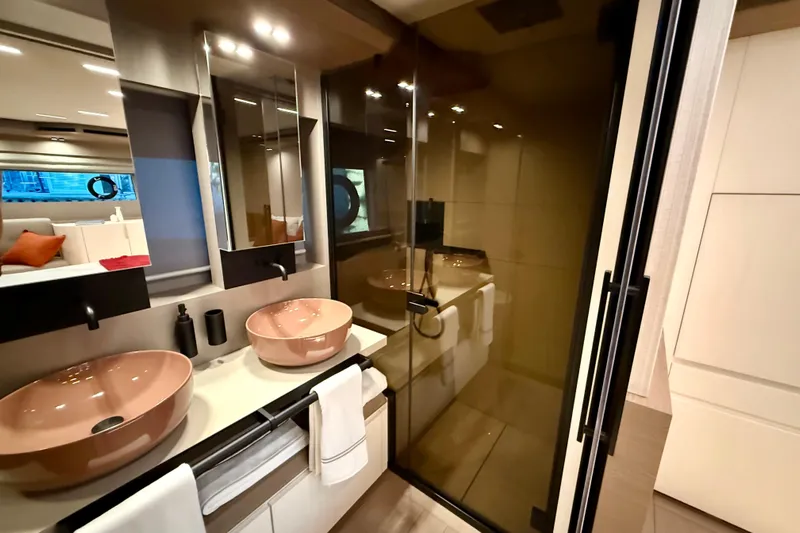  Yacht Photos Pics Luxurious bathroom in 2026 Pardo Yachts E72 with dual sinks and modern shower.