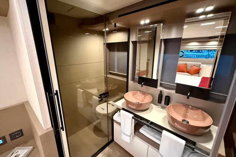  Yacht Photos Pics Luxurious bathroom in 2026 Pardo Yachts E72 with dual sinks and modern design.