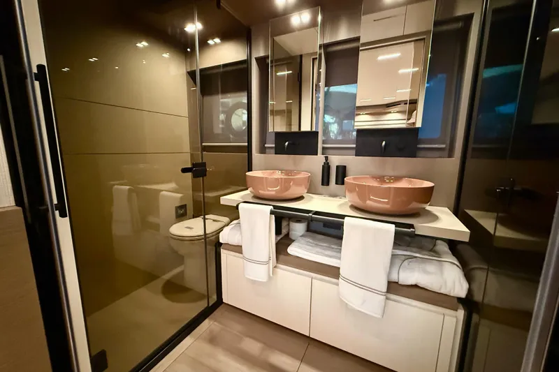  Yacht Photos Pics Luxurious bathroom in 2026 Pardo Yachts E72 with dual sinks and modern design.
