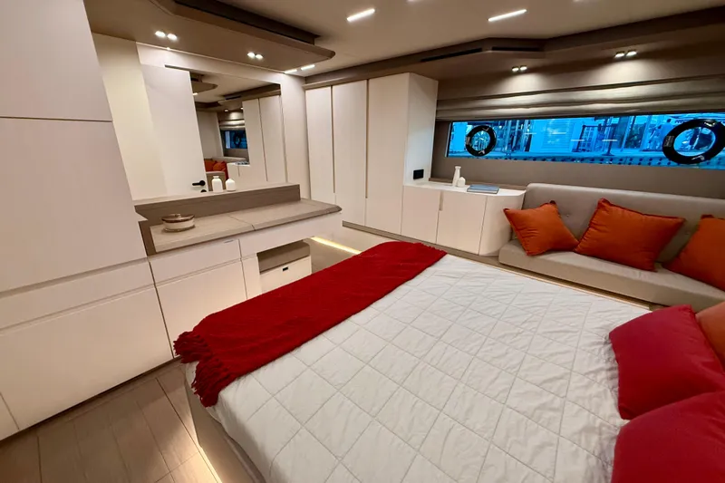  Yacht Photos Pics Luxurious interior of 2026 Pardo Yachts E72 with modern design and cozy furnishings.
