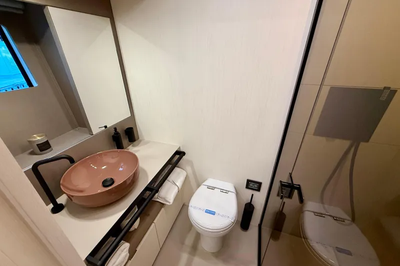  Yacht Photos Pics Luxurious bathroom in 2026 Pardo Yachts E72, featuring modern fixtures and elegant design.