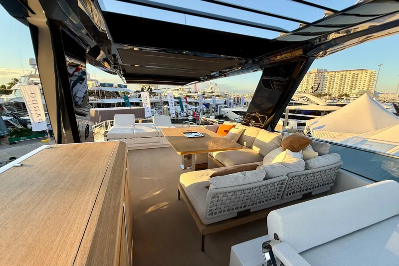  Yacht Photos Pics Luxurious 2026 Pardo Yachts E72 deck with elegant seating and modern design.