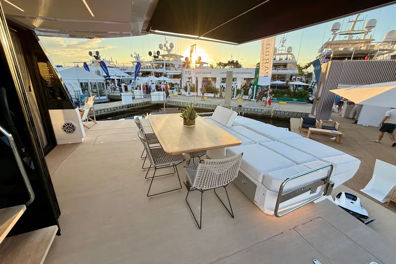  Yacht Photos Pics Luxurious 2026 Pardo Yachts E72 deck with elegant seating at sunset.